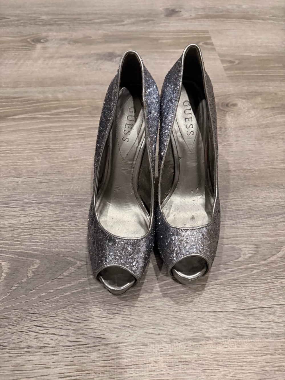 Guess Silver Glitter Peep-Toe Heels